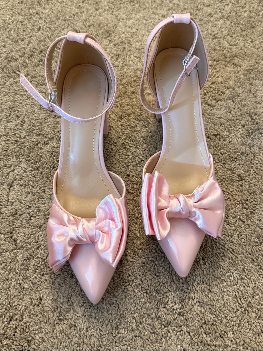 Satin Bow Pointed-Toe Ankle-Strap Heels in Light Pink